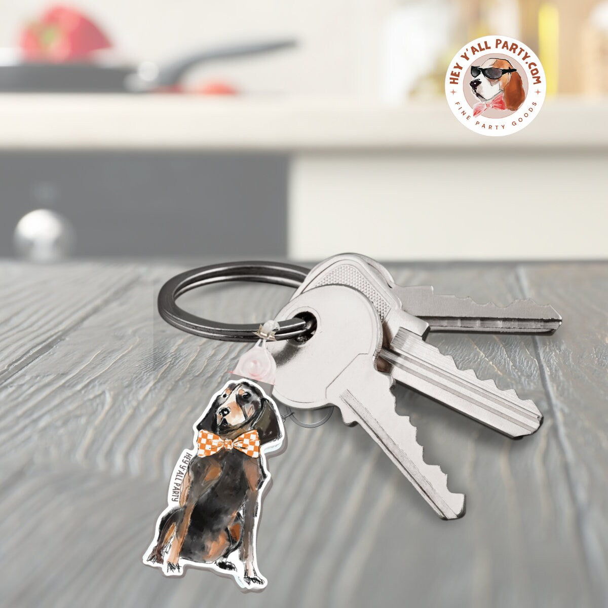 Hound Dog Orange and White Bow Tie Keychain