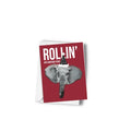 Card with an elephant illustration and 'Rollin'' text on a white background